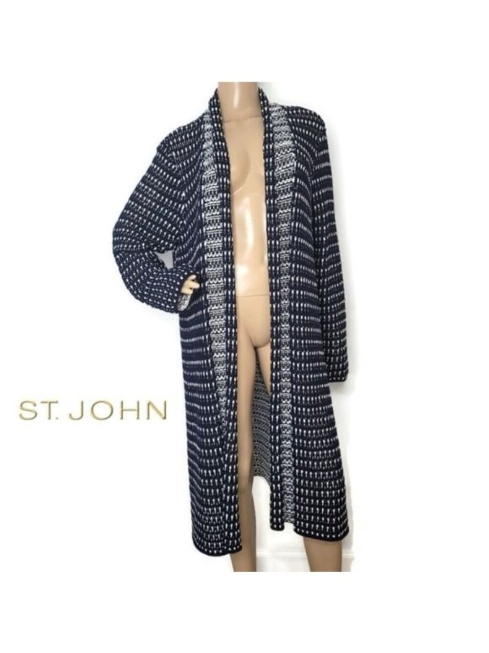St. John Collection Long Open Knit Blue & White Cardigan Sweater Womens Size L - Picture 2 of 8